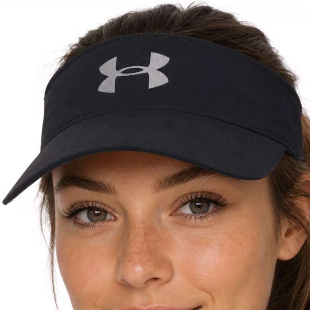 Under Armour Womens Play Up Visor Black Silver Logo OSFA Activewear Hat